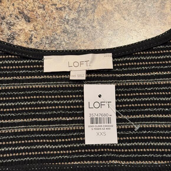NWT Loft Womens Top Minimalist 90s Square Neck Puff Sleeve Stripe Black Size XXS - Picture 2 of 5